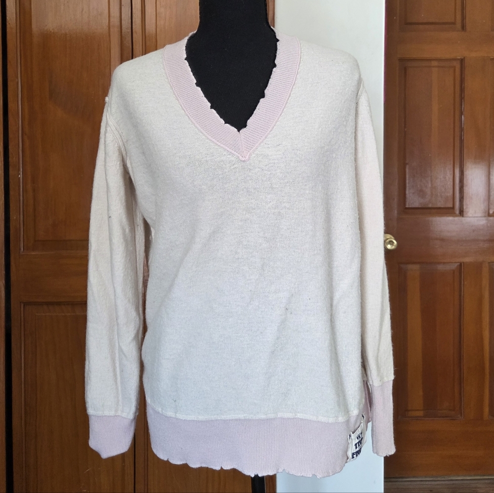 FP- We The Free Cream V-Neck Sweater with Pale Pink Trim